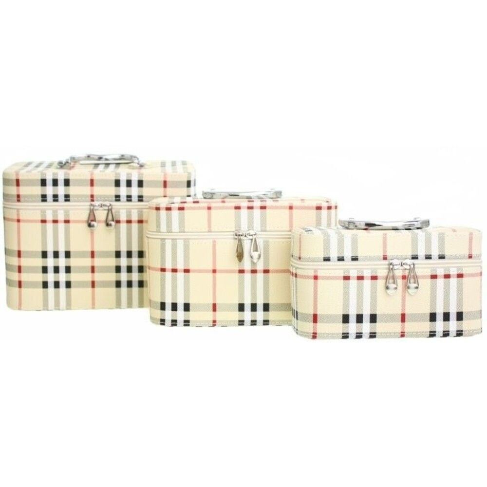 Women Apricot 3-Piece Fashion Plaid Cosmetic Toolbox Set